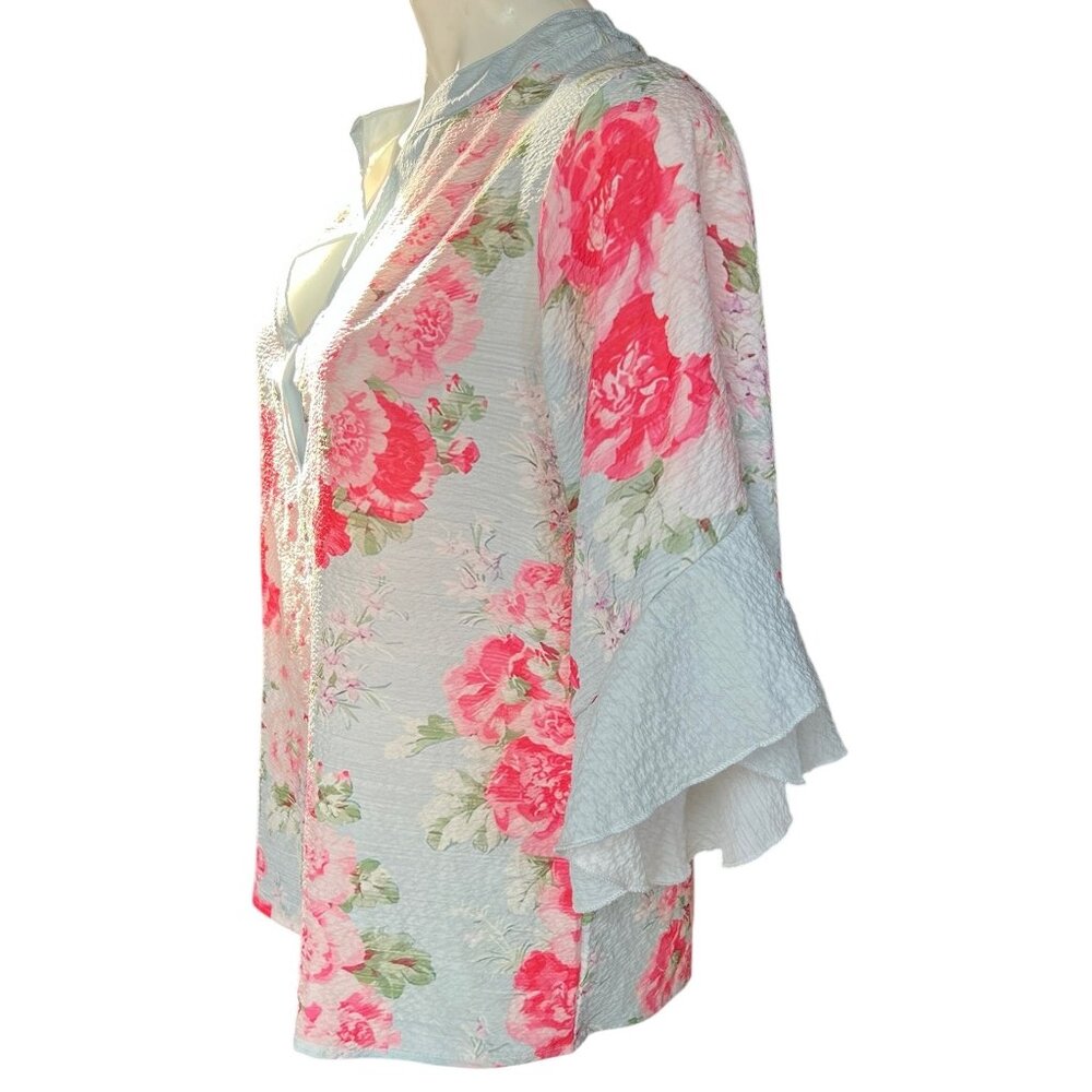 Floral Print Womens Tunic Top With Ruffled Sleeves & Split Neck Design Lightweig - Picture 3 of 7